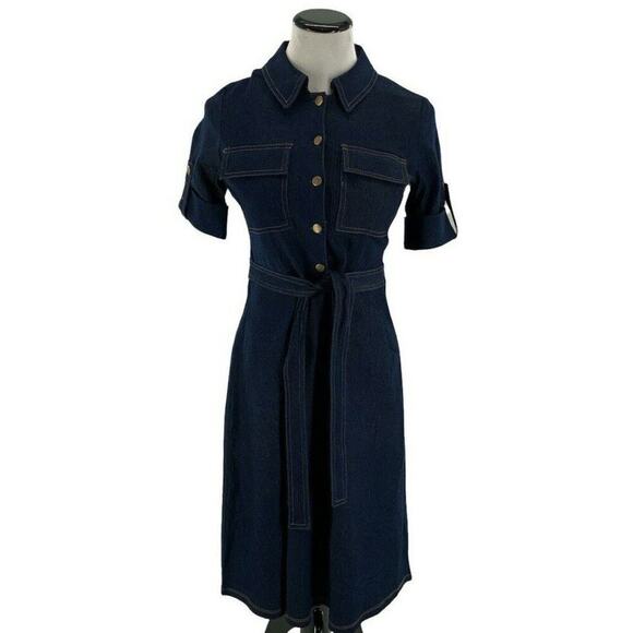 Shelby & Palmer Dress Women Sz 6 Belted Roll Up Sleeve Button Flap Pockets Denim - Picture 1 of 9